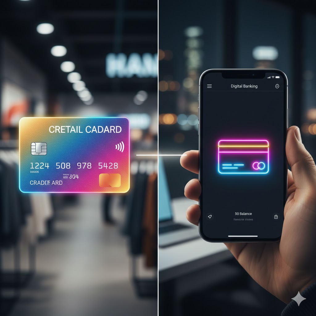 Composição visual dividida comparando um cartão de crédito físico de loja de varejo à esquerda com um cartão virtual em aplicativo de banco digital à direita.