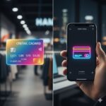 Composição visual dividida comparando um cartão de crédito físico de loja de varejo à esquerda com um cartão virtual em aplicativo de banco digital à direita.