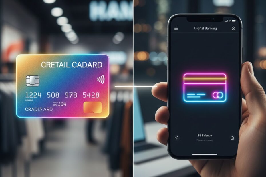 Composição visual dividida comparando um cartão de crédito físico de loja de varejo à esquerda com um cartão virtual em aplicativo de banco digital à direita.