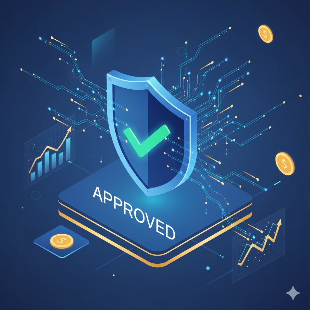 Ilustração digital isométrica representando o processo de análise de crédito com fluxos de dados e um selo verde de aprovação financeira em destaque.