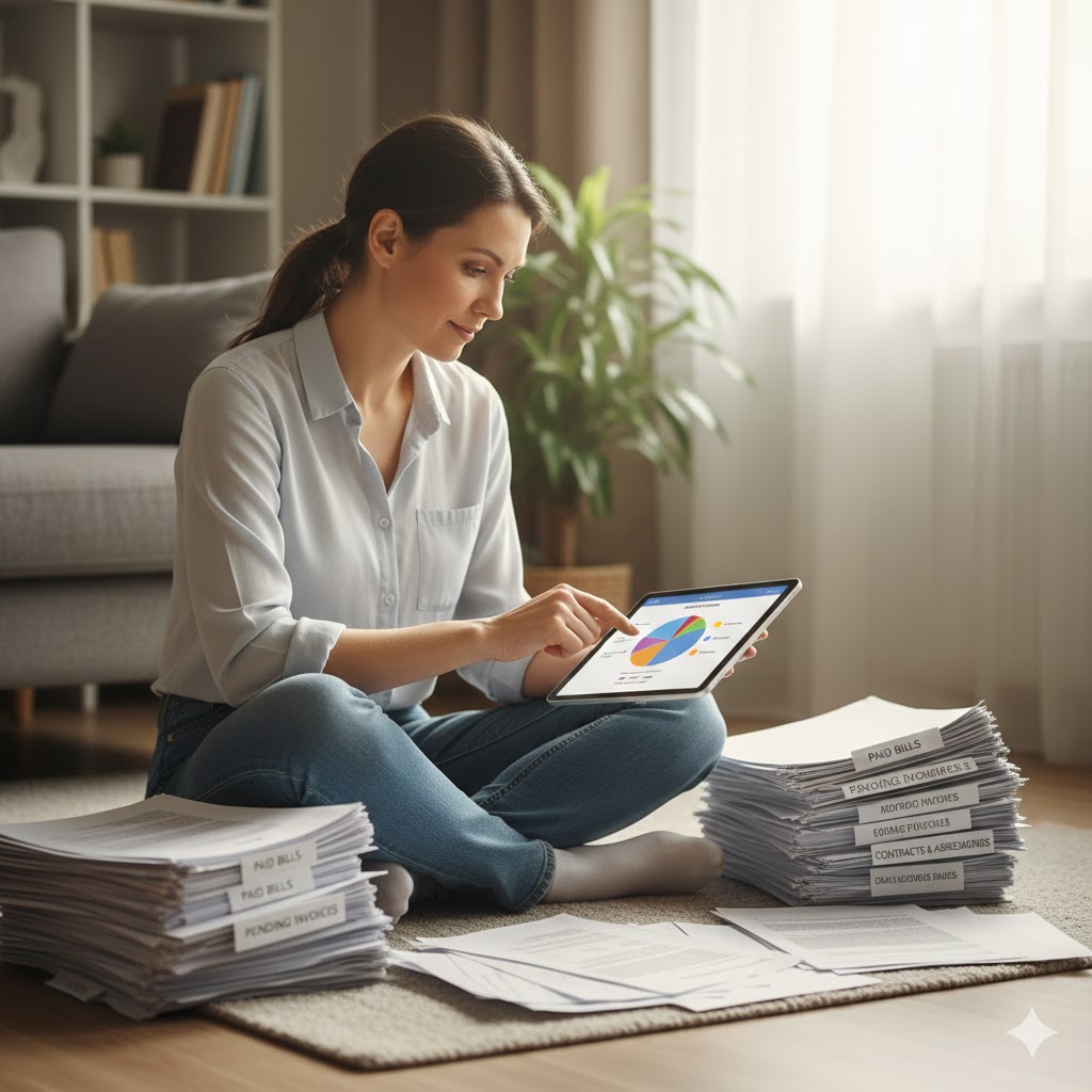 Mulher compara dados de despesas em tablet com documentos físicos organizados para identificar gargalos no fluxo de caixa.