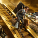 Homem de negócios carrega bens de luxo enquanto sobe escada rolante inversa, ilustrando a estagnação financeira causada pelo lifestyle creep.