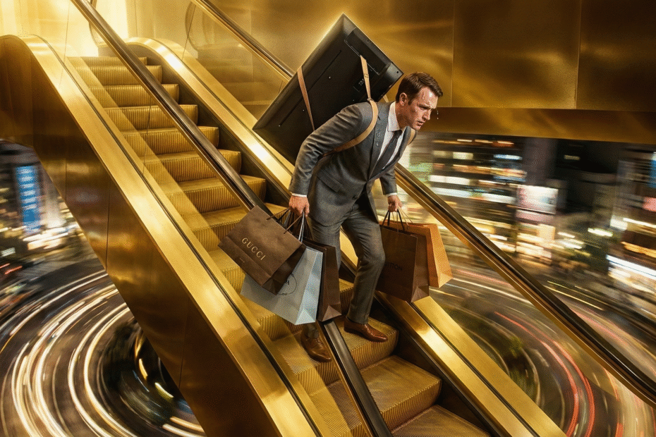 Homem de negócios carrega bens de luxo enquanto sobe escada rolante inversa, ilustrando a estagnação financeira causada pelo lifestyle creep.