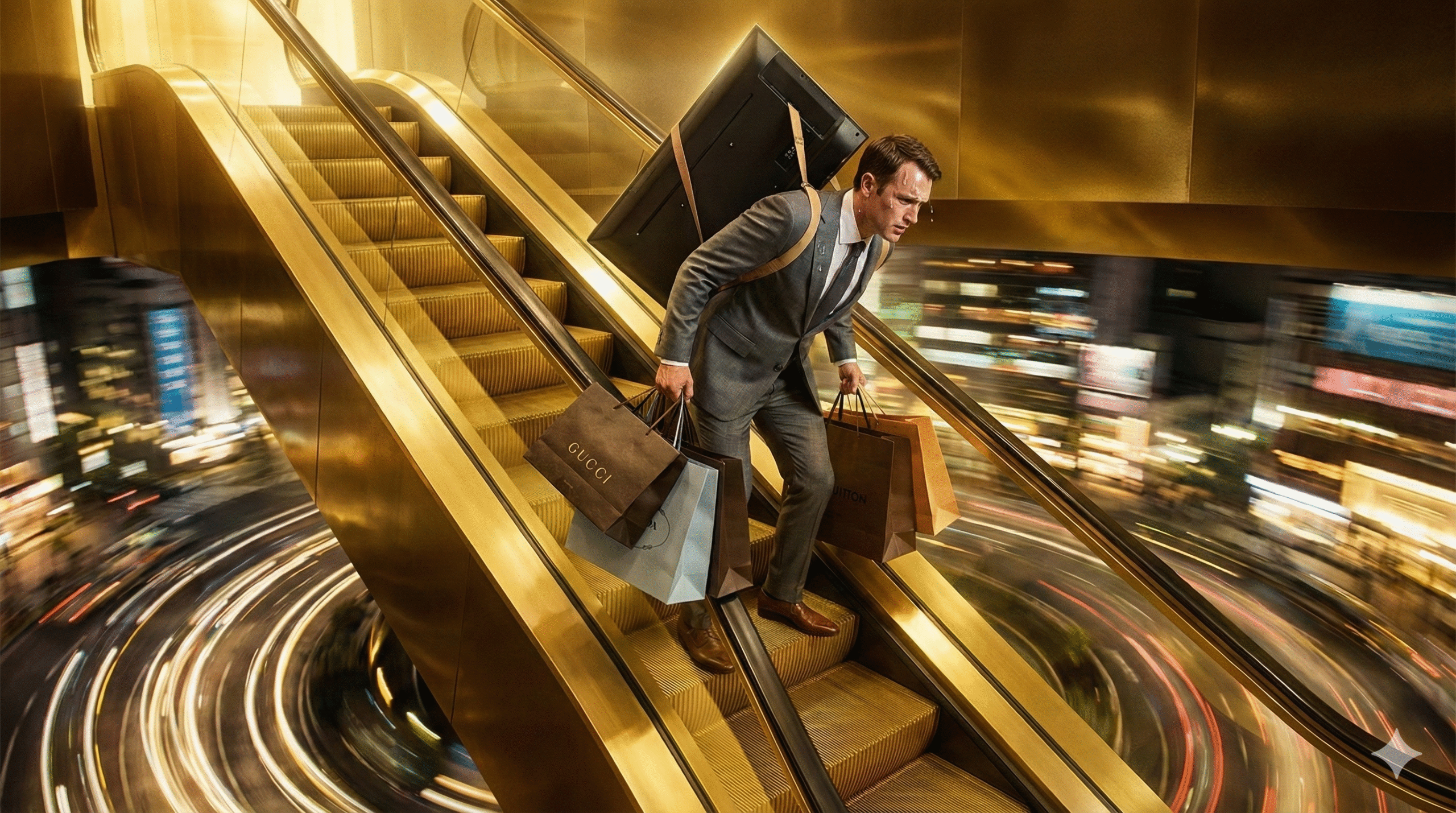 Homem de negócios carrega bens de luxo enquanto sobe escada rolante inversa, ilustrando a estagnação financeira causada pelo lifestyle creep.