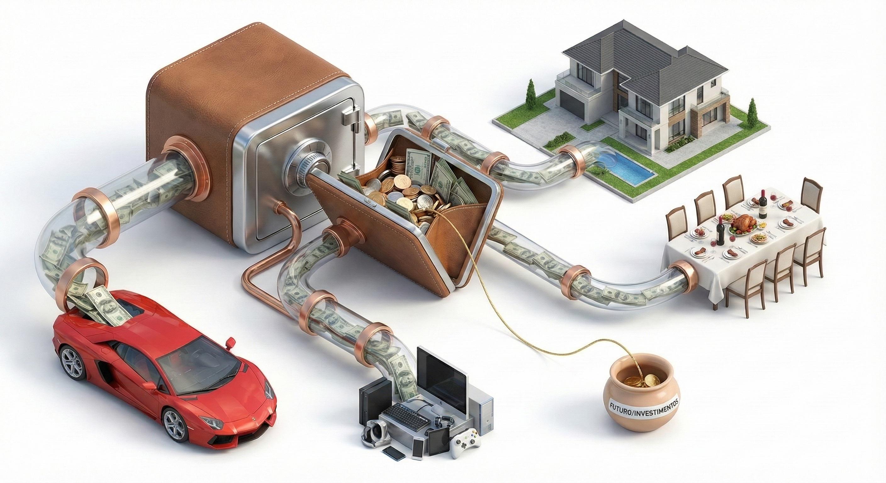 Ilustração isométrica demonstra fluxo de renda sendo drenado por bens de consumo enquanto apenas uma fração mínima é destinada aos investimentos.