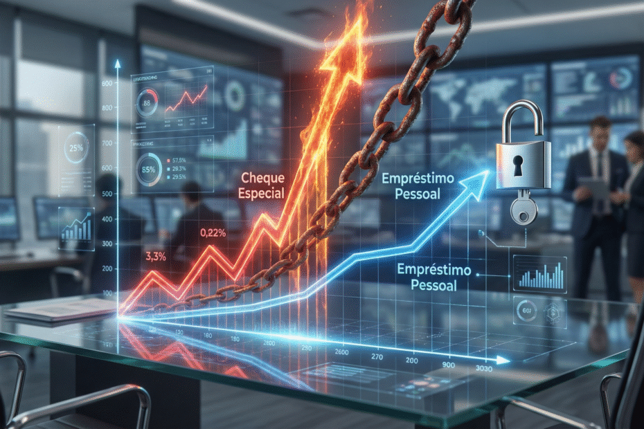 Gráfico comparativo 3D exibe o crescimento exponencial da dívida de cheque especial versus o crescimento linear controlado do empréstimo pessoal.