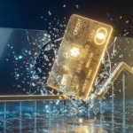 Cartão de crédito dourado rompe teto de vidro em renderização 3D, simbolizando a estratégia para aumentar o limite e superar barreiras financeiras.