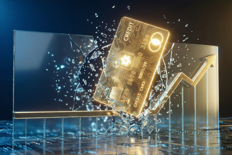 Cartão de crédito dourado rompe teto de vidro em renderização 3D, simbolizando a estratégia para aumentar o limite e superar barreiras financeiras.