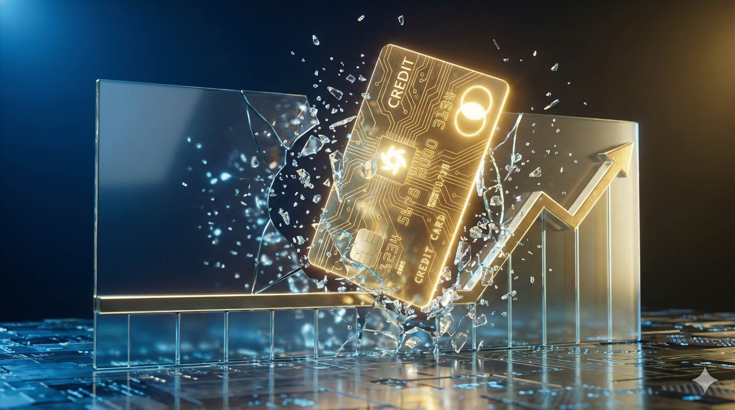 Cartão de crédito dourado rompe teto de vidro em renderização 3D, simbolizando a estratégia para aumentar o limite e superar barreiras financeiras.