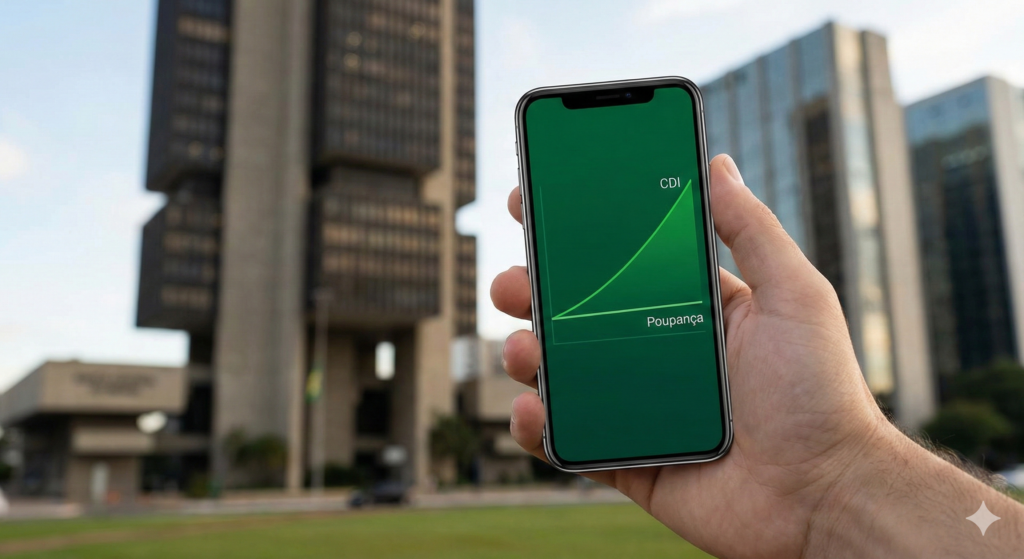 Gráfico em celular comparando rendimento da poupança versus investimentos atrelados ao CDI.