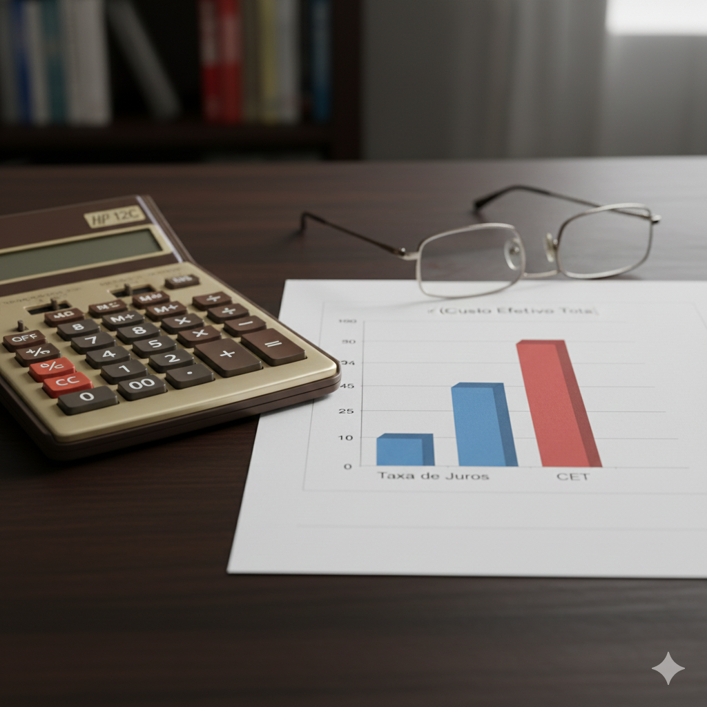Calculadora financeira e gráfico comparativo sobre mesa ilustram a discrepância entre taxa nominal e o custo real ao estar entendendo o CET.