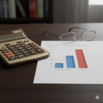 Calculadora financeira e gráfico comparativo sobre mesa ilustram a discrepância entre taxa nominal e o custo real ao estar entendendo o CET.