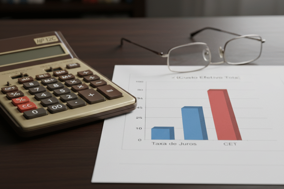 Calculadora financeira e gráfico comparativo sobre mesa ilustram a discrepância entre taxa nominal e o custo real ao estar entendendo o CET.