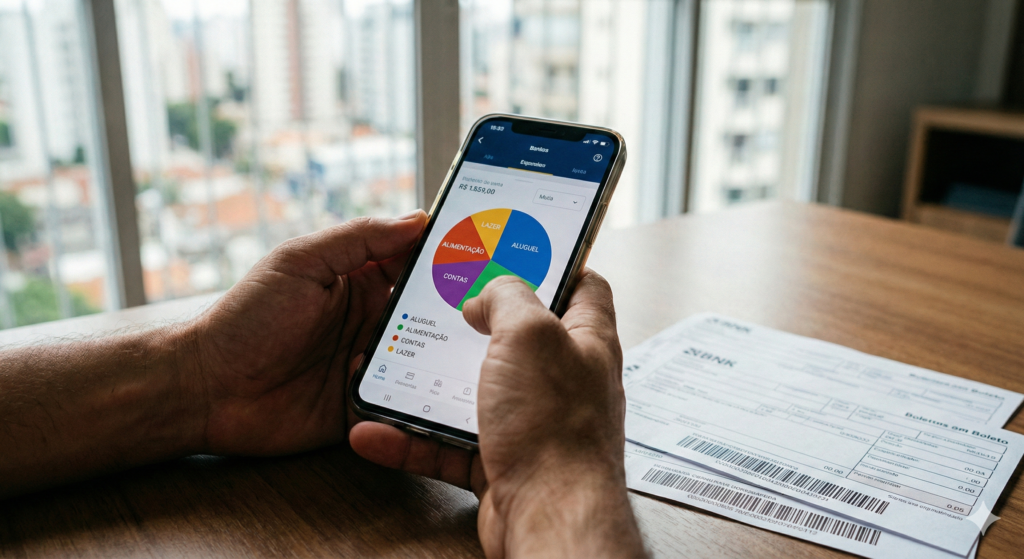 Pessoa analisando gráfico de despesas no celular com boletos bancários ao fundo.