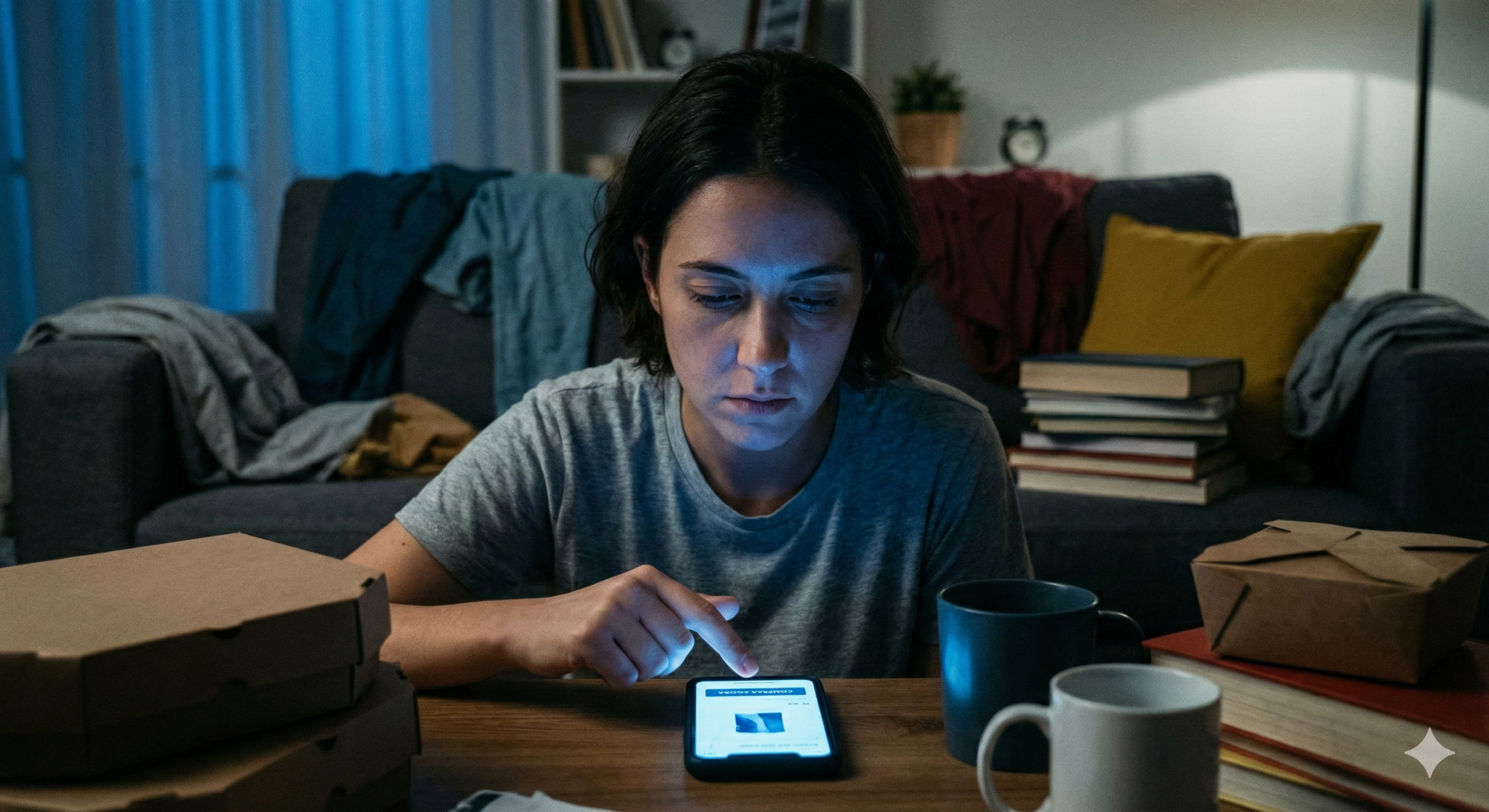 Pessoa analisando uma compra online no celular durante a noite.