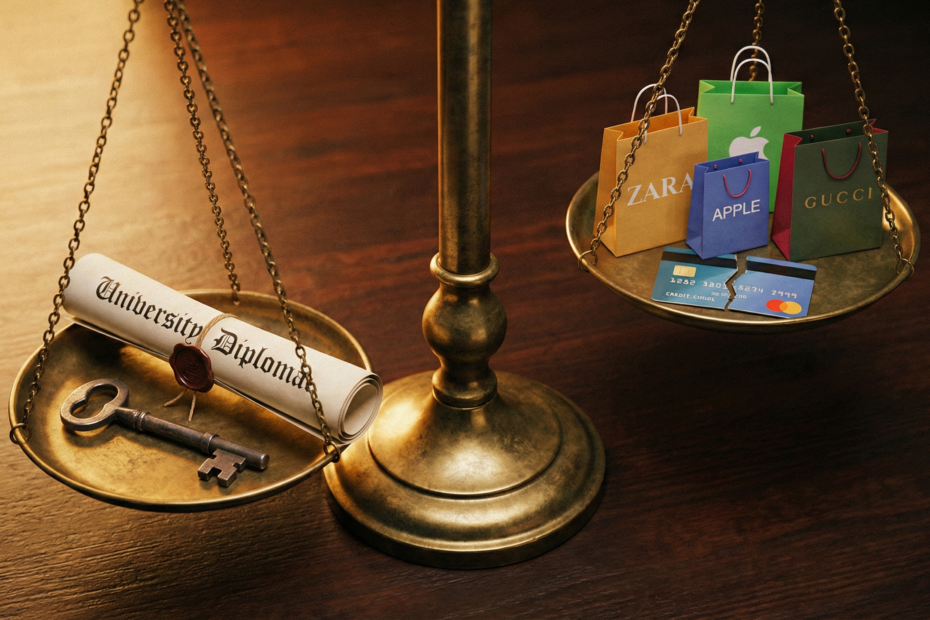 Balança comparando o peso de investimentos imobiliários e educação contra gastos supérfluos e cartão de crédito.