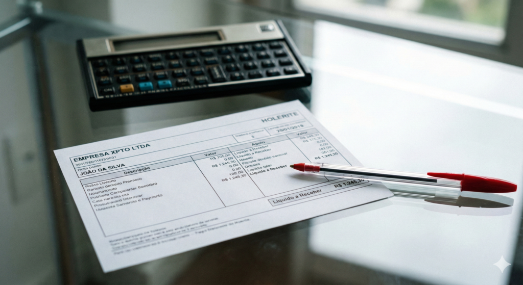 Holerite com destaque para o valor líquido reduzido devido a descontos em folha.