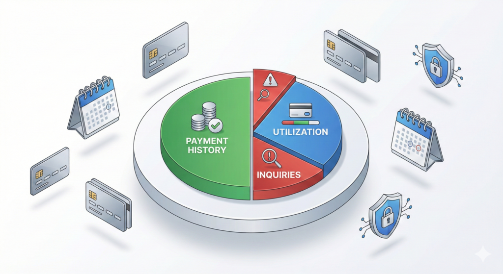 Ilustração isométrica 3D detalha os componentes do score de crédito: histórico de pagamentos, taxa de utilização e consultas ao CPF.