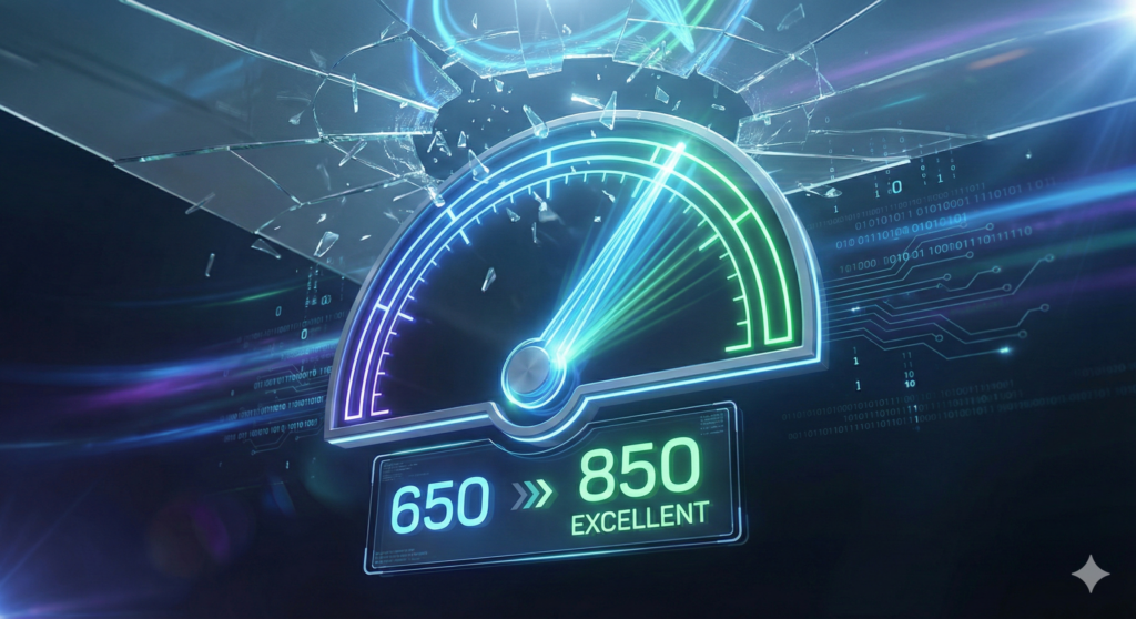 Medidor de score de crédito digital brilhando em verde ultrapassa barreiras, simbolizando o aumento da pontuação financeira através de estratégias corretas.