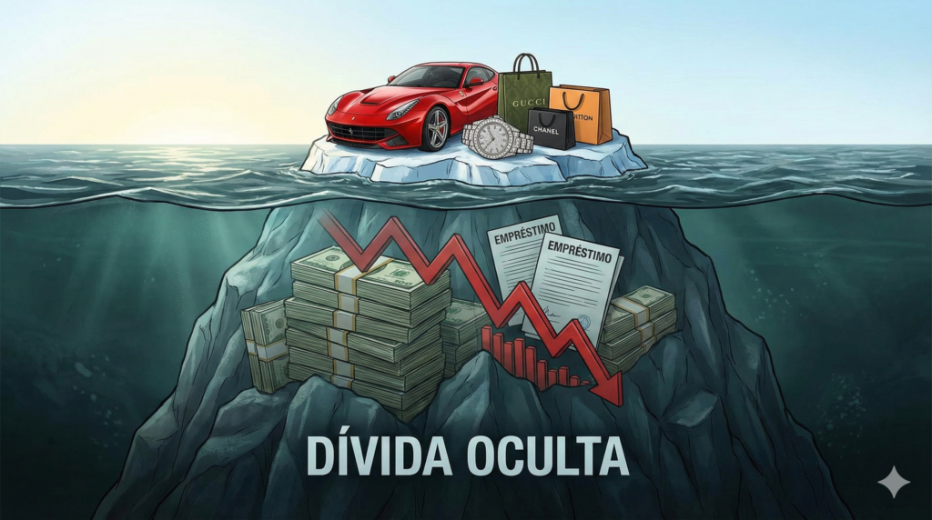 Ilustração de iceberg financeiro mostrando bens de status na superfície e grandes dívidas ocultas abaixo da água.