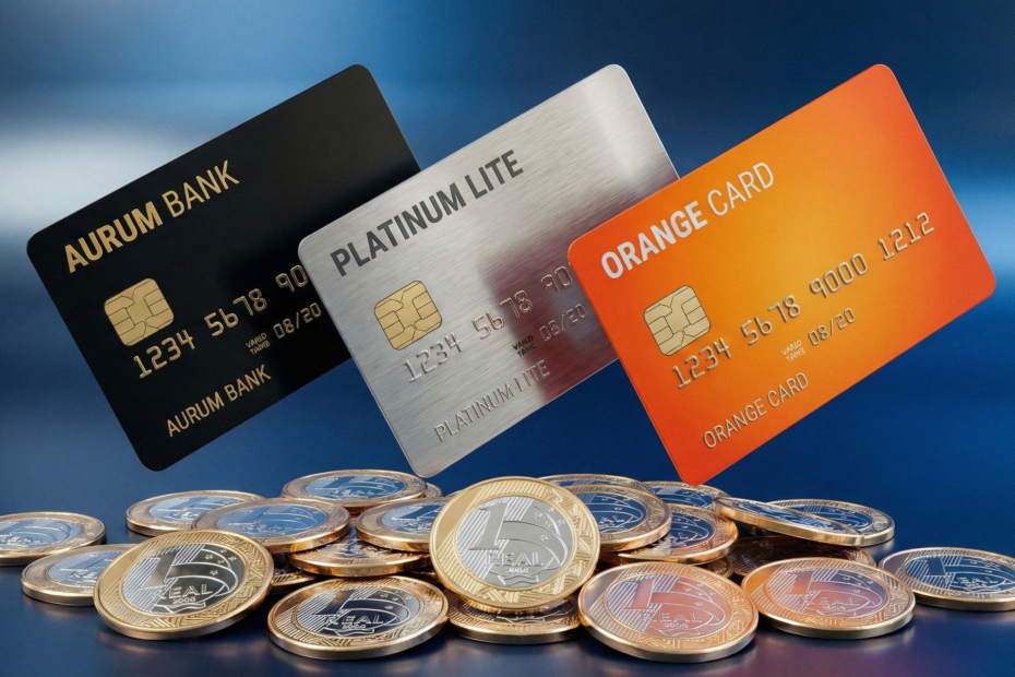 Cartões de crédito premium sobre moedas de real representando o retorno de dinheiro (cashback).
