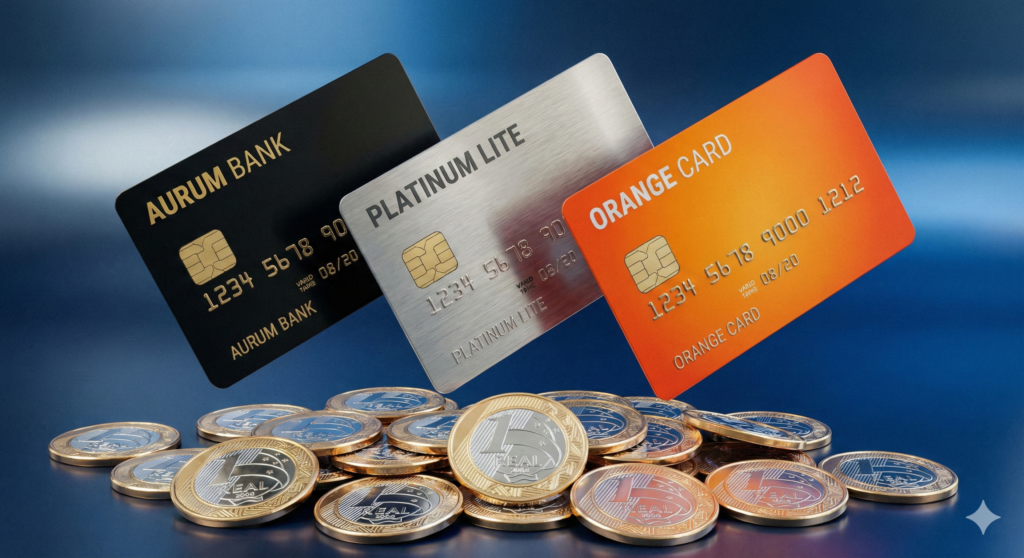 Cartões de crédito premium sobre moedas de real representando o retorno de dinheiro (cashback).