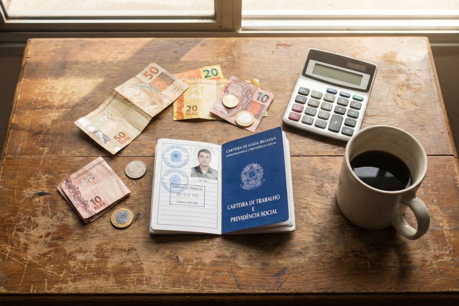 Carteira de trabalho e notas de real sobre mesa de madeira representando o planejamento financeiro brasileiro.
