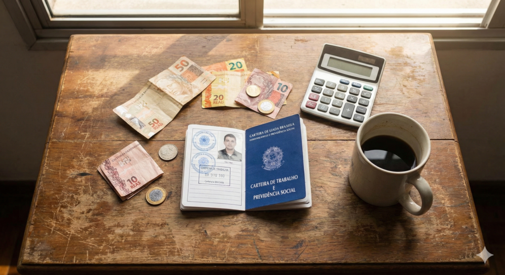 Carteira de trabalho e notas de real sobre mesa de madeira representando o planejamento financeiro brasileiro.