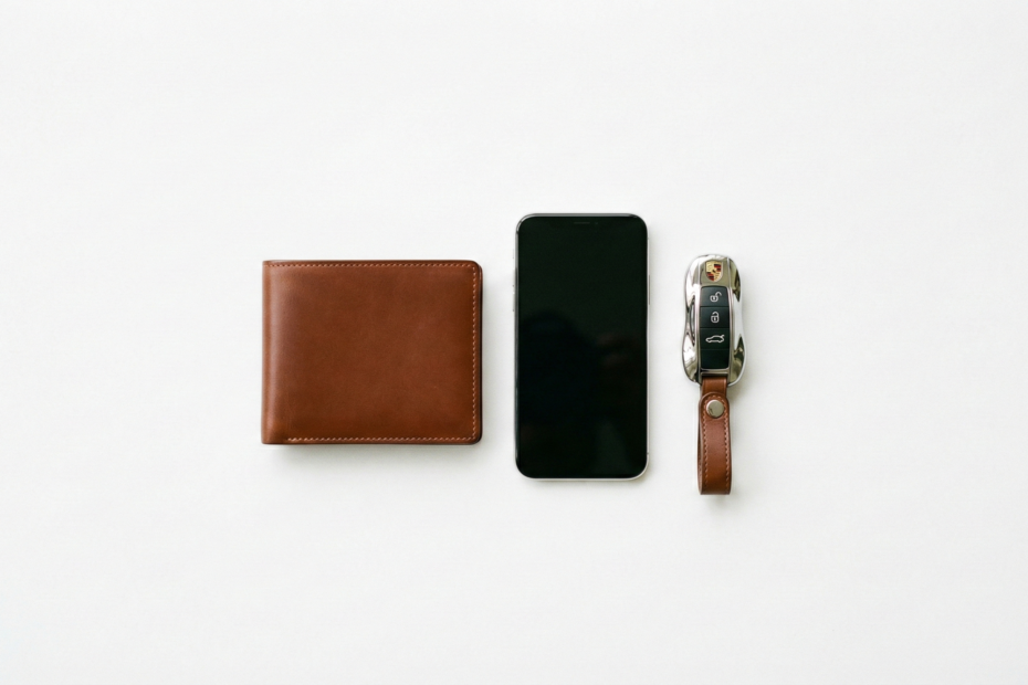 Carteira de couro e chaves dispostas em fundo neutro representando o foco no essencial.