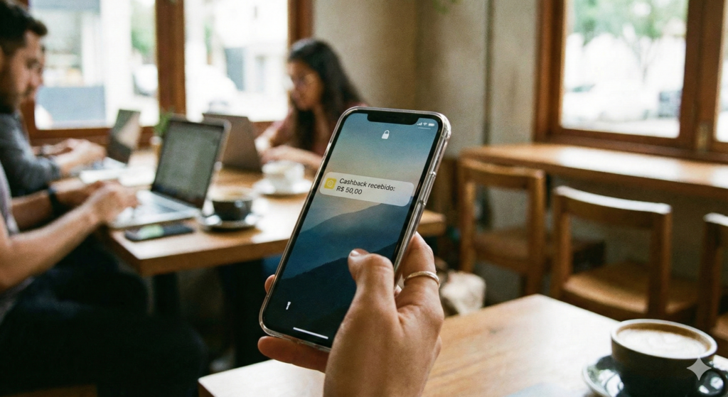 Smartphone exibindo notificação de cashback recebido em aplicativo bancário.