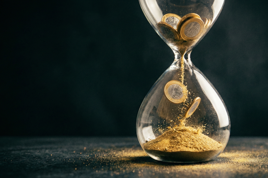 Ampulheta com moedas de real se desfazendo simbolizando a perda de poder de compra pela inflação.