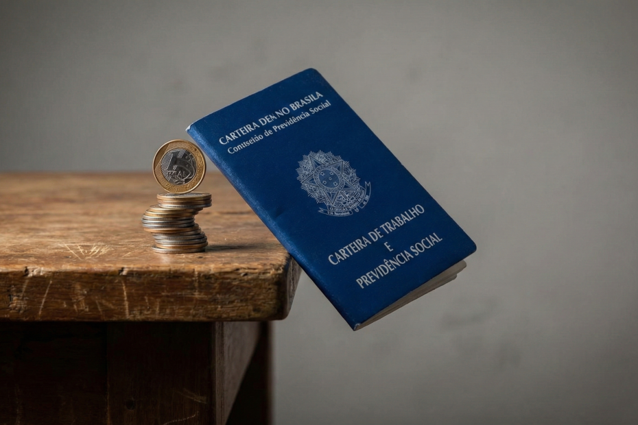 Carteira de trabalho em posição de desequilíbrio representando o risco do crédito consignado privado.