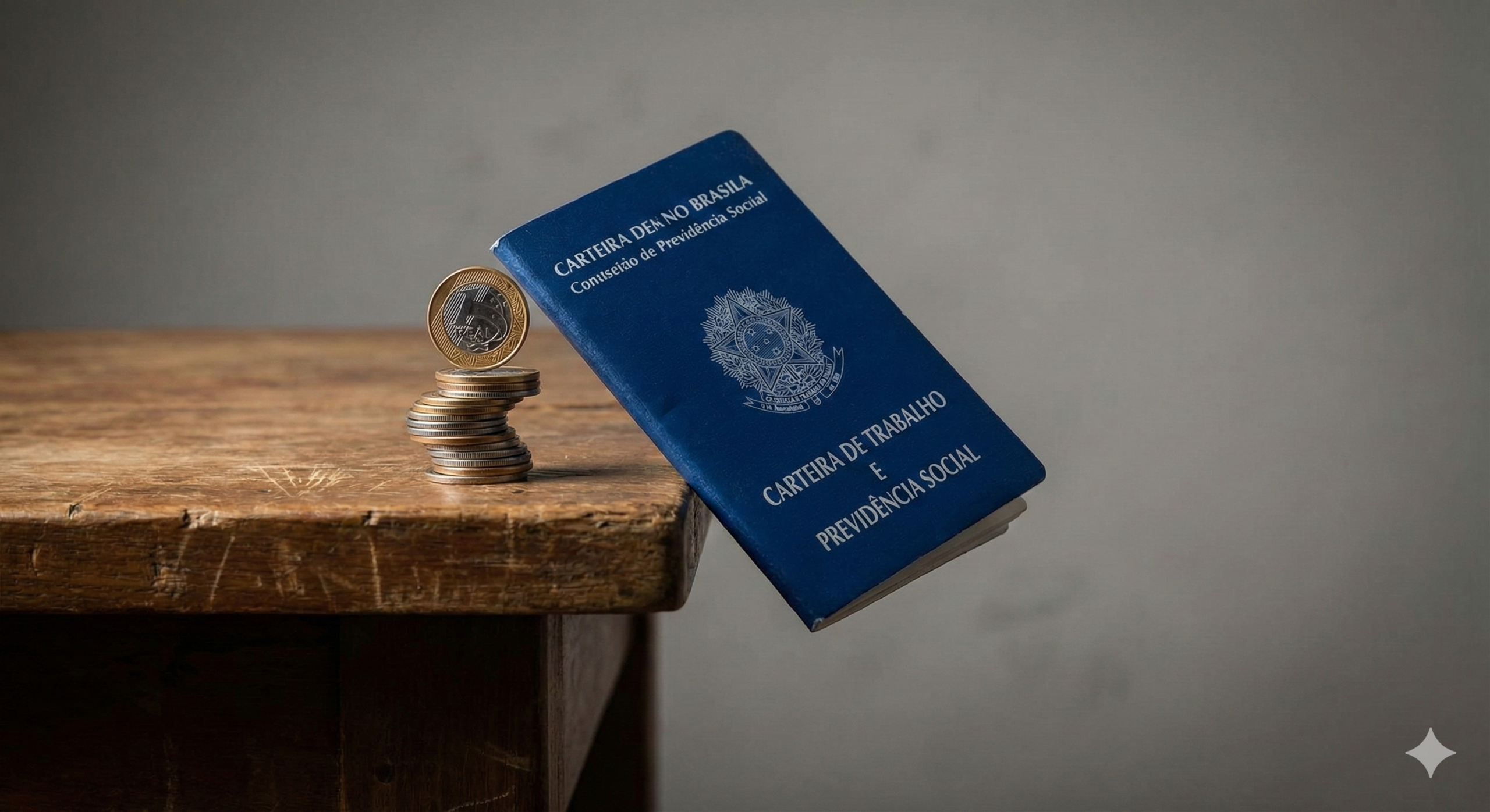 Carteira de trabalho em posição de desequilíbrio representando o risco do crédito consignado privado.