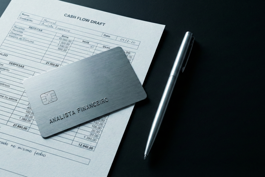 Cartão de crédito sobre planilha de fluxo de caixa representando o planejamento estratégico de recursos financeiros.