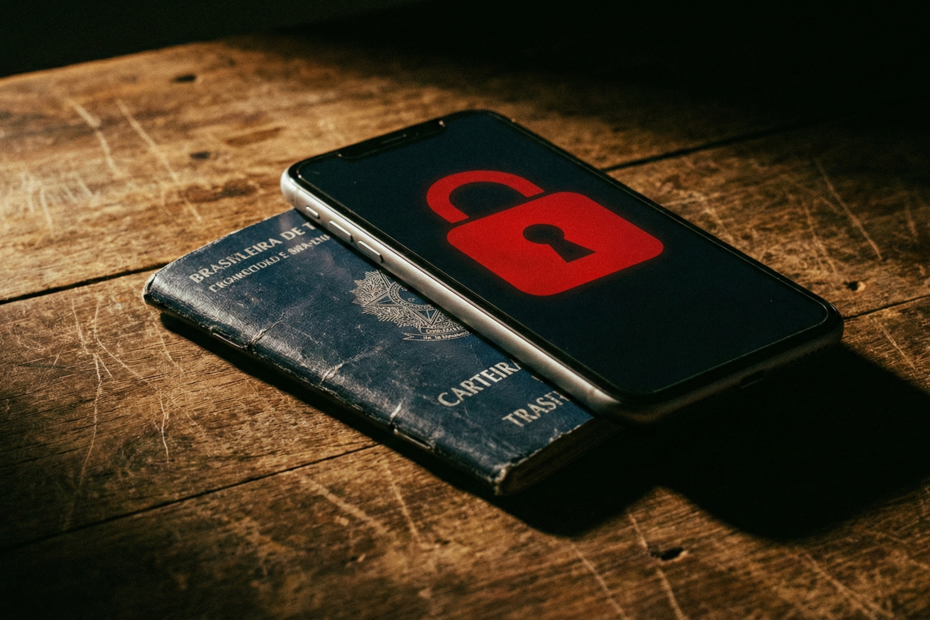 Smartphone com ícone de bloqueio na tela sobre carteira de trabalho.