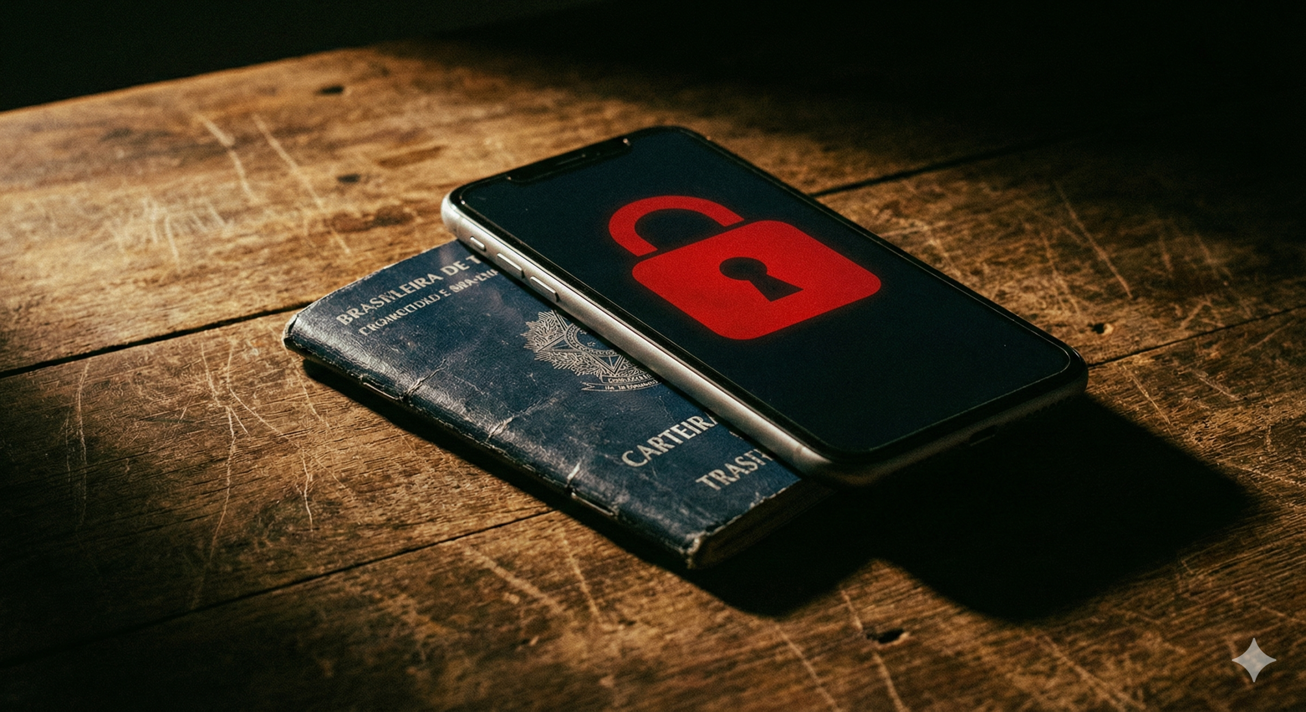 Smartphone com ícone de bloqueio na tela sobre carteira de trabalho.