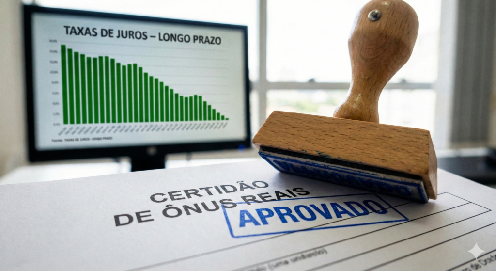 Documento de certidão de ônus reais aprovado para liberação de crédito com garantia.