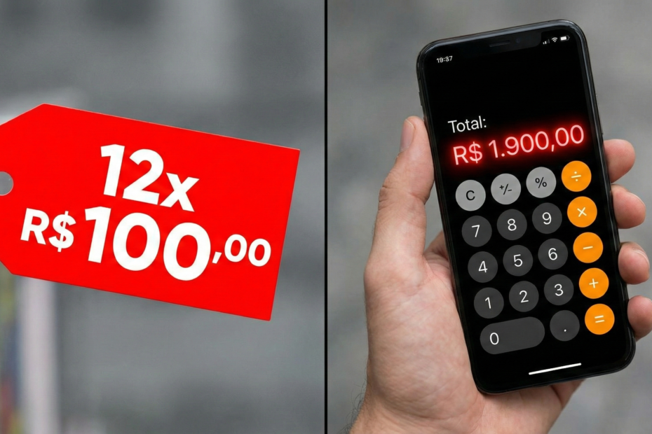 Etiqueta de parcelamento contrastando com o valor total final calculado com juros compostos.