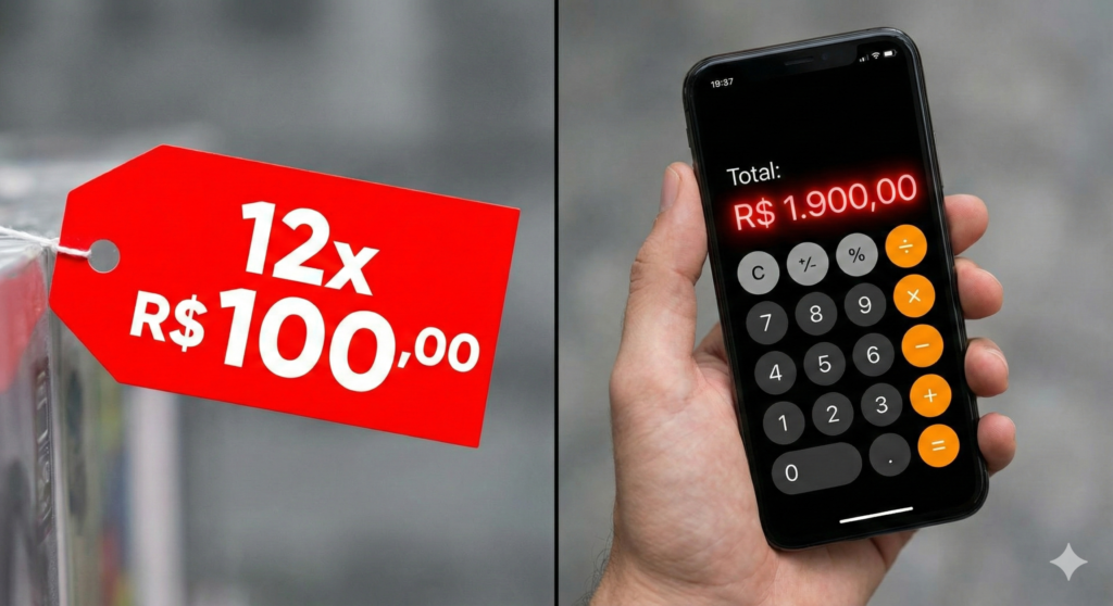 Etiqueta de parcelamento contrastando com o valor total final calculado com juros compostos.