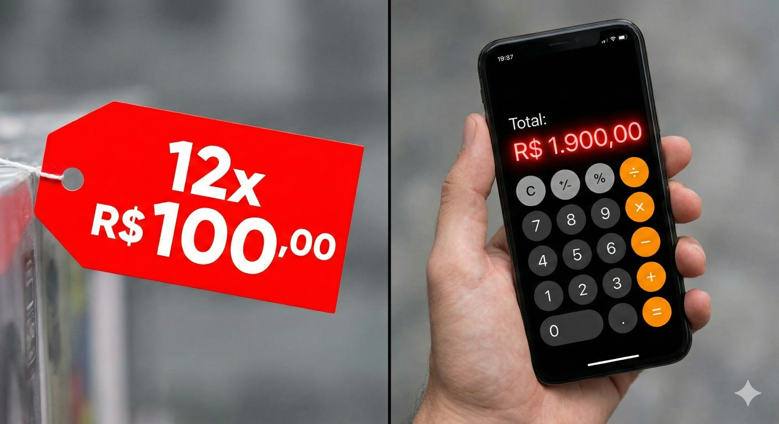 Etiqueta de parcelamento contrastando com o valor total final calculado com juros compostos.
