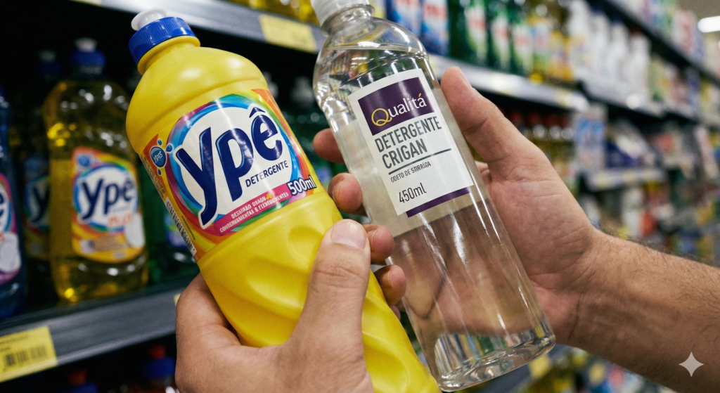 Consumidor comparando os rótulos e volumes de dois produtos de limpeza no supermercado.