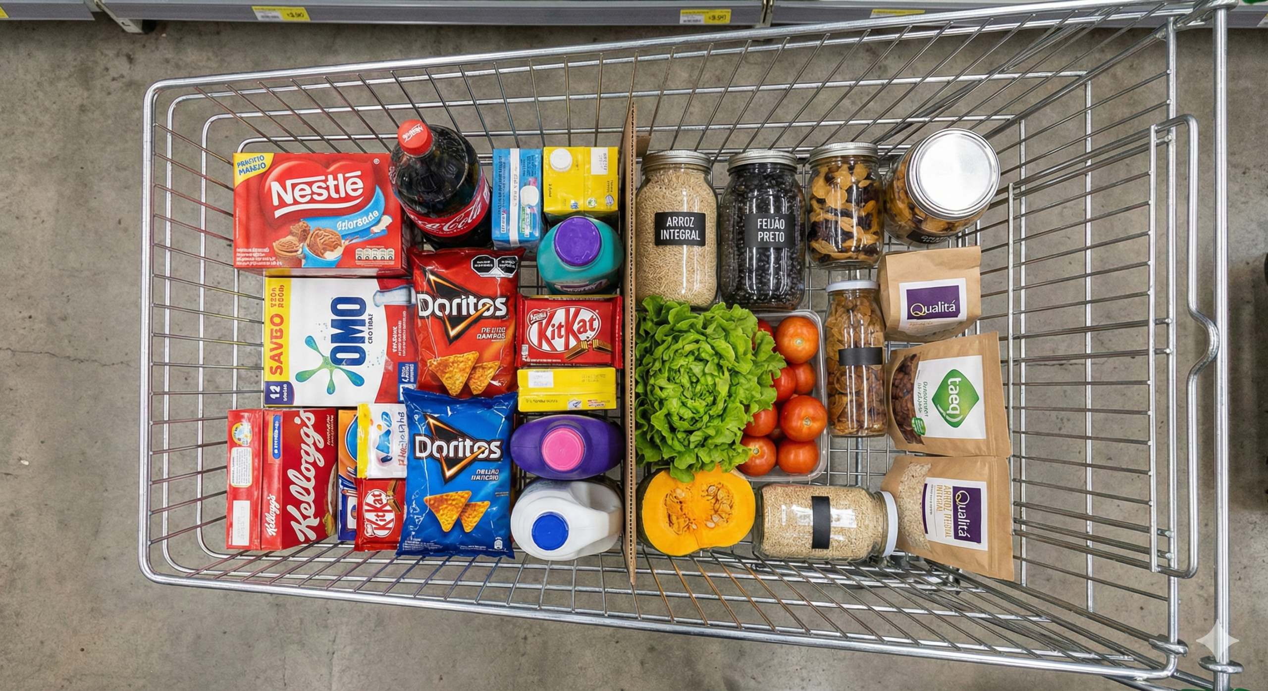 Carrinho de supermercado dividindo produtos industrializados caros e opções a granel mais baratas.