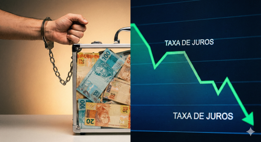 Comparativo visual entre o dinheiro preso do FGTS e a vantagem dos juros baixos na antecipação.
