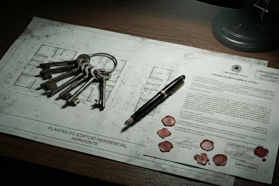 Planta arquitetônica e contrato de cartório representando a documentação exigida para crédito com garantia imobiliária.