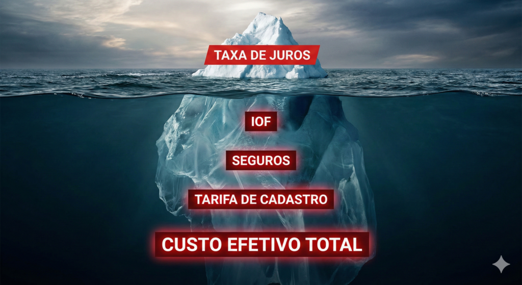 Iceberg financeiro representando os custos ocultos do CET além da taxa de juros nominal.