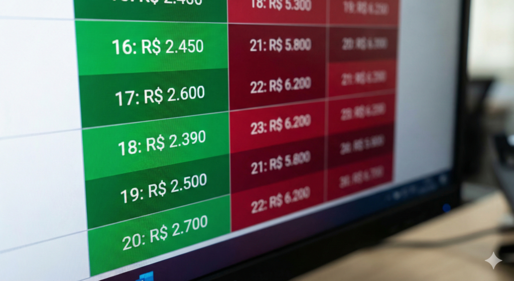 Tela de computador exibindo calendário de voos com matriz de preços destacando as datas mais baratas.