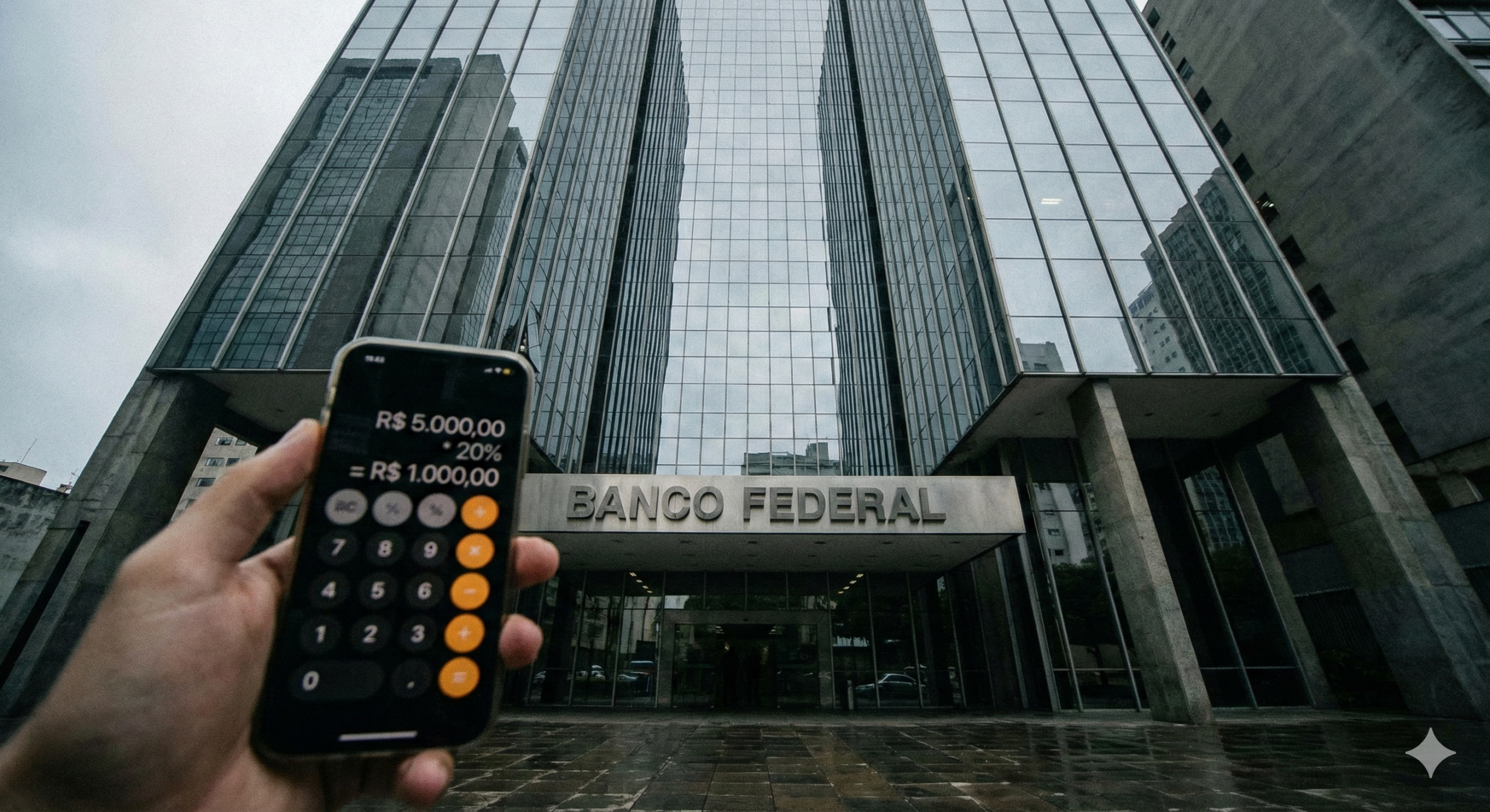 Fachada de banco moderno vista de baixo com calculadora em primeiro plano simbolizando o cálculo de juros.