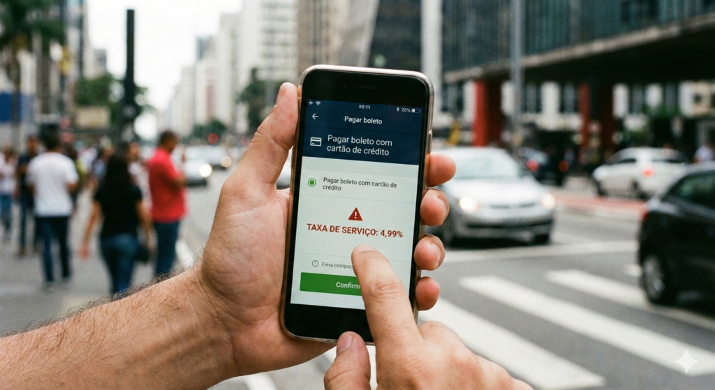 Tela de smartphone exibindo aplicativo de pagamento com a função de parcelamento de boletos.