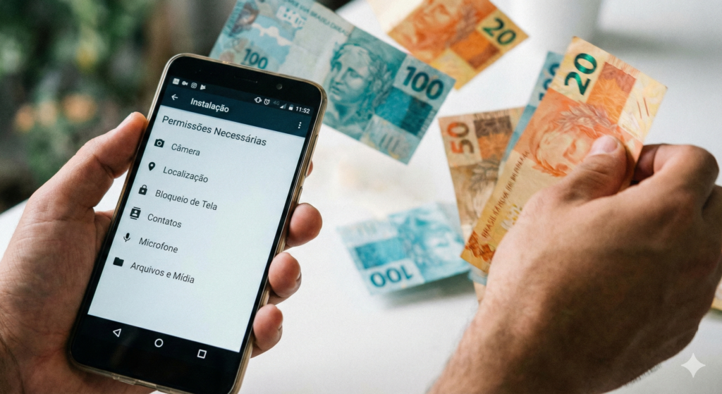 Tela de celular solicitando permissões invasivas para instalação de aplicativo de empréstimo.