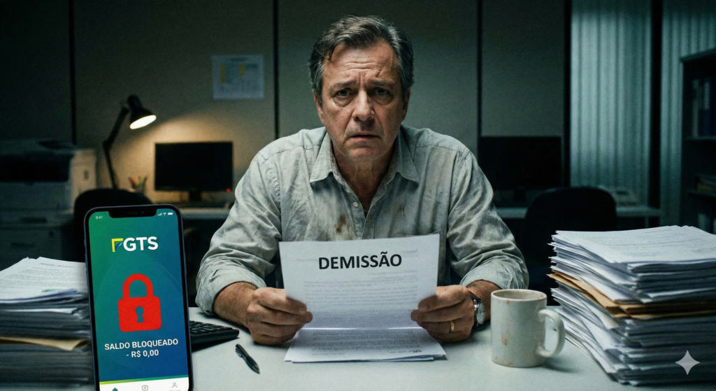 Trabalhador demitido observando o bloqueio do saldo do FGTS no aplicativo.